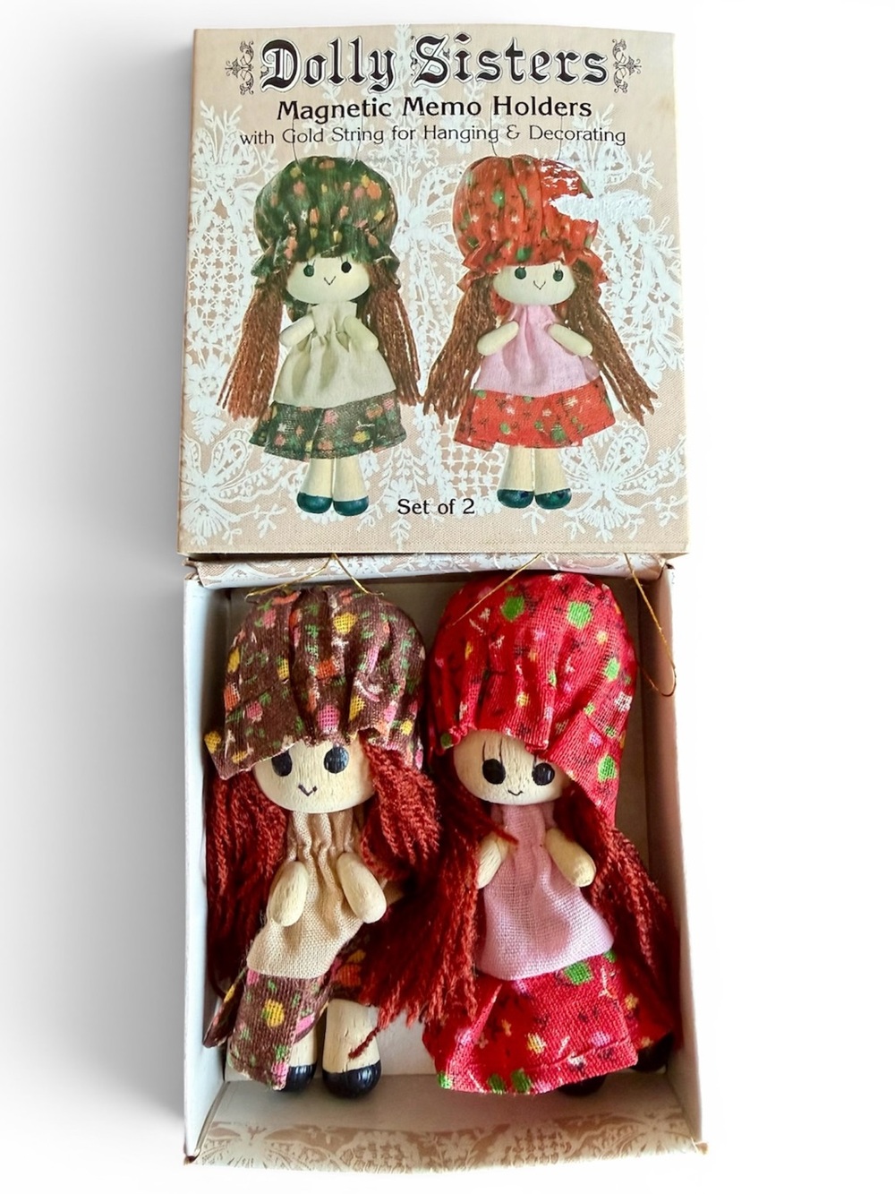 Vintage Dolly Sisters Magnetic Memo Holder Dolls Hanging Ornaments 1982 Taiwan